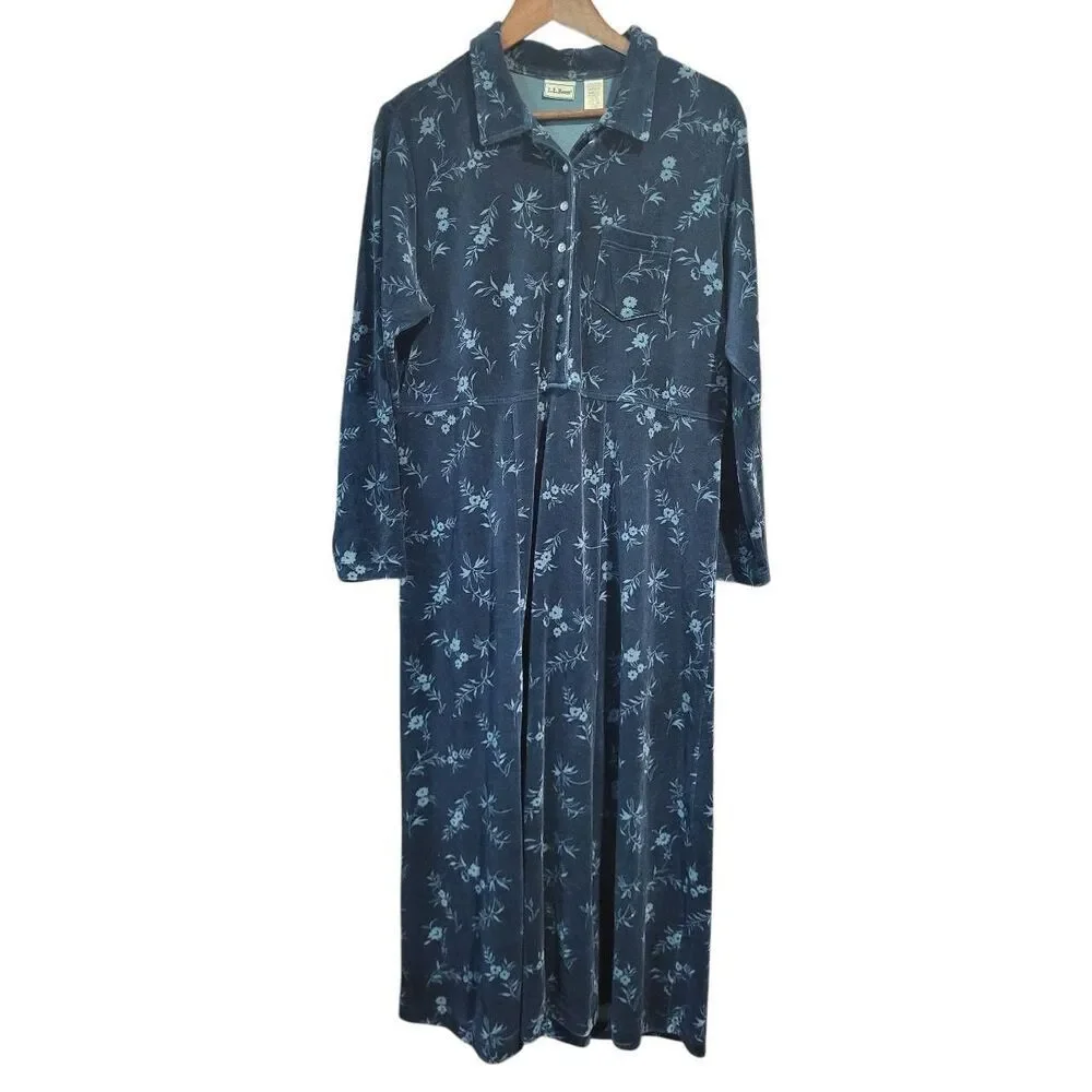 Vintage 90s L.L. Bean Dress Women's 16 Green Floral Velour Velvet Maxi